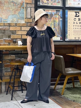 「niko and...（ニコアンド）のコットンレーススリーブロゴＴシャツ（Tシャツ/カットソー、グレー系）」を使った、たらこさん（レディース・159cm）の夏コーディネート