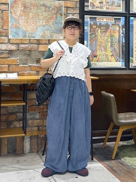「niko and...（ニコアンド）のスカラップレースノースリーブプルオーバー（ベスト、ホワイト系）」を使った、たらこさん（レディース・159cm）の夏コーディネート