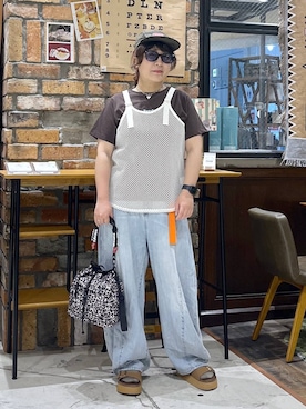 「niko and...（ニコアンド）のサス付きメッシュタンクトップ（タンクトップ、ホワイト系）」を使った、たらこさん（レディース・159cm）の夏コーディネート