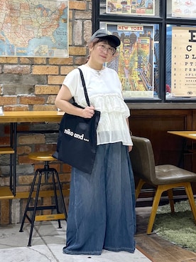 「niko and...（ニコアンド）のウォッシュアニマル刺繍CAP（キャップ、グレー系）」を使った、たらこさん（レディース・159cm）の夏コーディネート