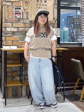 「niko and...（ニコアンド）のCOLORマイスターTシャツ（Tシャツ/カットソー、ホワイト系）」を使った、たらこさん（レディース・159cm）の夏コーディネート