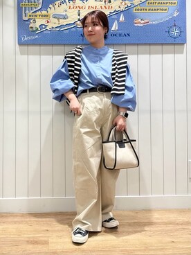 「Dessin（デッサン）の【洗える】バンドカラー袖デザインシャツ（S～L）（シャツ/ブラウス、ブルー系）」を使った、naho2810さん（レディース）の春コーディネート