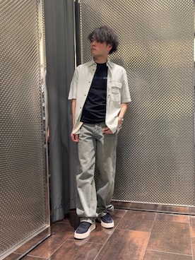 「ARMANI EXCHANGE（アルマーニエクスチェンジ）の【A|X アルマーニ エクスチェンジ】ライトブルーストライプデニム 半袖シャツ/BOXY（シャツ/ブラウス、ブルー系）」を使った、⭐︎yusuke⭐︎さん（メンズ・170cm）の春コーディネート