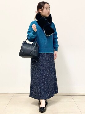 「Reflect（リフレクト）の【ほんのりラメ感◎】ケーブル柄ニット（ニット/セーター、ブルー系）」を使った、tomominさん（レディース・145cm）の冬コーディネート