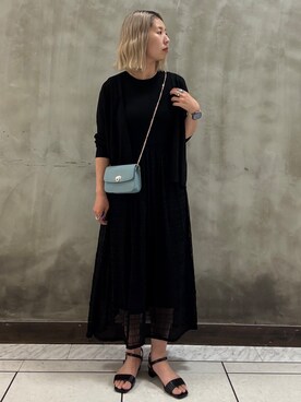 「grove（グローブ）の【貴島明日香さん着用】リブニット×チュール ドッキングワンピース（ワンピース、ブラック系）」を使った、minaさん（レディース・154cm）の春コーディネート