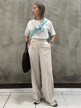 「grove（グローブ）の【洗濯機OK・ひんやり】朝晩の気温差に◎軽やかシアーシャツ（シャツ/ブラウス、ブルー系）」を使った、minaさん（レディース・154cm）の春コーディネート