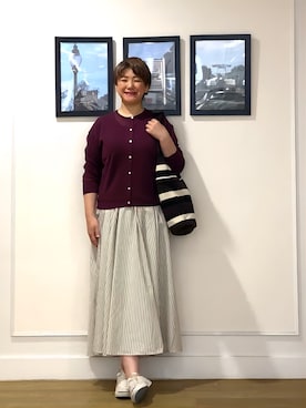 「Dessin（デッサン）の【セットアップ可/洗える】先染めストライプフレアスカート（スカート、ベージュ系）」を使った、Hiroさん（レディース・158cm）の夏コーディネート