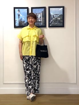 「Dessin（デッサン）の【マシンウォッシャブル】ダブルフリルブラウス（シャツ/ブラウス、イエロー系）」を使った、Hiroさん（レディース・158cm）の夏コーディネート