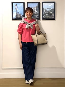 「Dessin（デッサン）の【洗える】綿麻ドロストライトデニムパンツ（その他パンツ、ブルー系）」を使った、Hiroさん（レディース・158cm）の春コーディネート