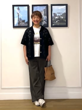 「Dessin（デッサン）のカラミレース 開襟シャツ（シャツ/ブラウス、ブラック系）」を使った、Hiroさん（レディース・158cm）の夏コーディネート