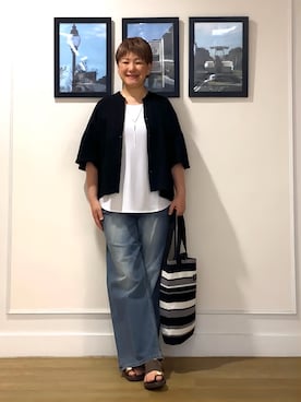 「Dessin（デッサン）のフレアスリーブ スキッパーブラウス（シャツ/ブラウス、ブラック系）」を使った、Hiroさん（レディース・158cm）の夏コーディネート