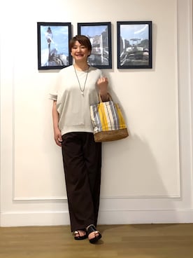 「Dessin（デッサン）の【接触冷感/セットアップ可】セミワイドストレートパンツ（その他パンツ、ブラウン系）」を使った、Hiroさん（レディース・158cm）の春コーディネート