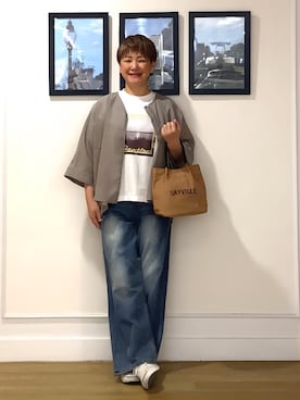 「Dessin（デッサン）のドルマンスリーブ シアーシャツブルゾン（ブルゾン、ベージュ系）」を使った、Hiroさん（レディース・158cm）の夏コーディネート