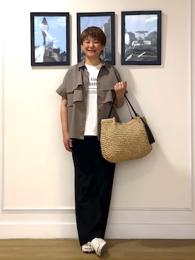 「Dessin（デッサン）の【マシンウォッシャブル】ダブルフリルブラウス（シャツ/ブラウス、ブラウン系）」を使った、Hiroさん（レディース・158cm）の夏コーディネート