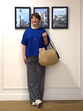 「Dessin（デッサン）の【汗シミ防止/UVカット】ドルマンスリーブ プルオーバー（Tシャツ/カットソー、ブルー系）」を使った、Hiroさん（レディース・158cm）の夏コーディネート