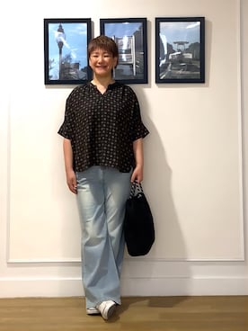 「Dessin（デッサン）の【セットアップ可】小紋柄プリント スキッパーシャツ（シャツ/ブラウス、ブラウン系）」を使った、Hiroさん（レディース・158cm）の夏コーディネート