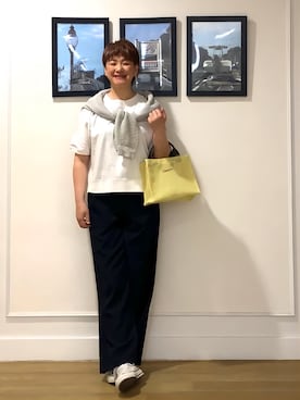 「Dessin（デッサン）の【5色展開/接触冷感/ウエストゴム/洗える】イージーワイドパンツ（その他パンツ、ブルー系）」を使った、Hiroさん（レディース・158cm）の春コーディネート