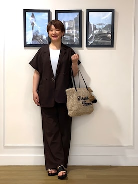 「Dessin（デッサン）の【接触冷感/セットアップ可】ハーフスリーブジャケット（テーラードジャケット、ブラウン系）」を使った、Hiroさん（レディース・158cm）の春コーディネート