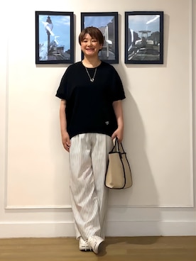 「Dessin（デッサン）の【軽量】コットンリネンパイピングバッグ（トートバッグ、ブラック系）」を使った、Hiroさん（レディース・158cm）の春コーディネート