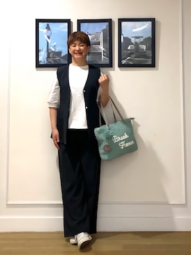 「Dessin（デッサン）の【新色追加/360度可愛い】バックヘンリーカットソー5分袖（Tシャツ/カットソー、ホワイト系）」を使った、Hiroさん（レディース・158cm）の春コーディネート