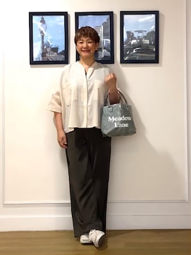 「Dessin（デッサン）のフレアスリーブ スキッパーブラウス（シャツ/ブラウス、ホワイト系）」を使った、Hiroさん（レディース・158cm）の夏コーディネート