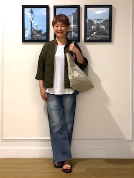 「Dessin（デッサン）の【セットアップ可】ドットプリント ハーフスリーブシャツ（シャツ/ブラウス、グリーン系）」を使った、Hiroさん（レディース・158cm）の夏コーディネート