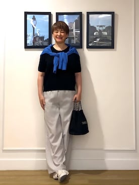 「Dessin（デッサン）の【マシンウォッシャブル】ドライタッチVネックニットカーディガン（カーディガン/ボレロ、ブルー系）」を使った、Hiroさん（レディース・158cm）の夏コーディネート