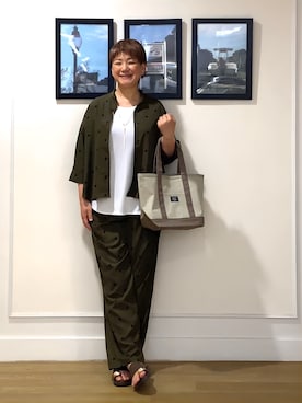 「Dessin（デッサン）の【セットアップ可】ドットプリント ハーフスリーブシャツ（シャツ/ブラウス、グリーン系）」を使った、Hiroさん（レディース・158cm）の夏コーディネート