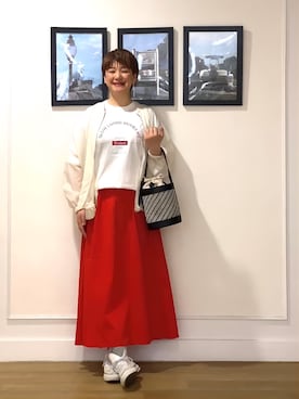 「Dessin（デッサン）のストライプ柄バッグコンビバケツショルダー（ショルダーバッグ、ブラック系）」を使った、Hiroさん（レディース・158cm）の春コーディネート
