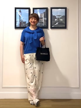 「Dessin（デッサン）の【マシンウォッシャブル】ドライタッチVネックニットカーディガン（カーディガン/ボレロ、ブルー系）」を使った、Hiroさん（レディース・158cm）の夏コーディネート