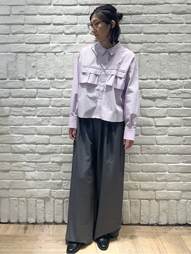 「OPAQUE.CLIP（オペークドットクリップ）のタックフリルシャツ【洗濯機OK】（シャツ/ブラウス、パープル系）」を使った、ももちぃさん（レディース・160cm）の春コーディネート