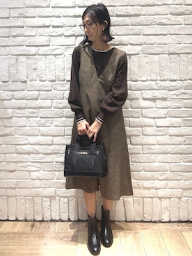 「index（インデックス）のバイカラーパフスリーブニット【洗濯機OK】（ニット/セーター、ブラウン系）」を使った、ももちぃさん（レディース・160cm）の秋コーディネート