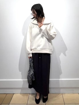 「OPAQUE.CLIP（オペークドットクリップ）のハーフジップトップス/セットアップ対応可【洗濯機OK】（Tシャツ/カットソー、ホワイト系）」を使った、ももちぃさん（レディース・160cm）の秋コーディネート