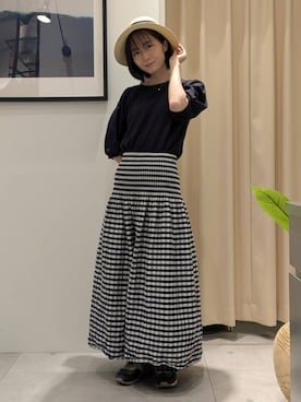 「THE SHOP TK （ザ ショップ ティーケー ）の【接触冷感/体型カバー】袖タック6分袖ニット/洗濯機OK/UVケア（ニット/セーター、ブラック系）」を使った、なめさん（レディース・159cm）の夏コーディネート