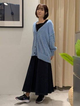 「THE SHOP TK （ザ ショップ ティーケー ）の【ふわふわあったか】フェザーカーディガン（カーディガン/ボレロ、ブルー系）」を使った、なめさん（レディース・159cm）の秋コーディネート