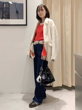 「THE SHOP TK （ザ ショップ ティーケー ）の纏うだけで大人上品 シャギーチェスターハーフコート（チェスターコート、ベージュ系）」を使った、なめさん（レディース・159cm）の冬コーディネート