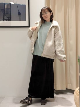 「THE SHOP TK （ザ ショップ ティーケー ）のマシュマロタッチ ボアボンバージャケット（ブルゾン、ベージュ系）」を使った、なめさん（レディース・159cm）の冬コーディネート