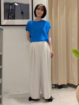 「THE SHOP TK （ザ ショップ ティーケー ）の【6色展開】さらさらフレンチニット【毛玉になりにくい/洗濯機OK】（ニット/セーター、ブルー系）」を使った、なめさん（レディース・159cm）の夏コーディネート