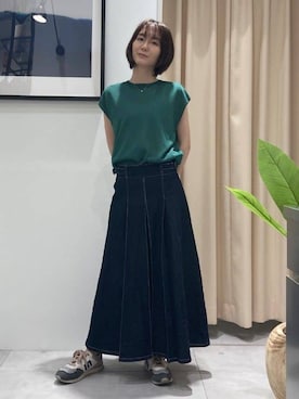 「THE SHOP TK （ザ ショップ ティーケー ）のラメシアーフレンチ袖トップス【セットUP可/洗濯機OK】（ニット/セーター、グリーン系）」を使った、なめさん（レディース・159cm）の夏コーディネート