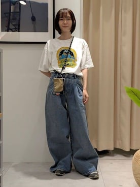 「SESAME STREET（セサミストリート）のセサミストリートTシャツ（Tシャツ/カットソー、ホワイト系）」を使った、なめさん（レディース・159cm）の夏コーディネート
