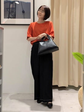 「THE SHOP TK （ザ ショップ ティーケー ）の麻調メッシュブラウス【二の腕カバー/洗える】（シャツ/ブラウス、オレンジ系）」を使った、なめさん（レディース・159cm）の夏コーディネート