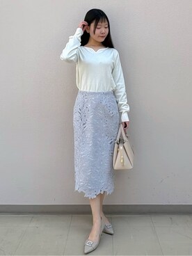 「index（インデックス）のゴールドパーツ付きハートネックニット【洗濯機OK】（ニット/セーター、ホワイト系）」を使った、Izuさん（レディース・155cm）の冬コーディネート