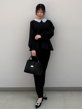 「index（インデックス）のレース衿ペプラムブラウス【洗濯機OK/ストレッチ】（シャツ/ブラウス、ブラック系）」を使った、Izuさん（レディース・155cm）の冬コーディネート