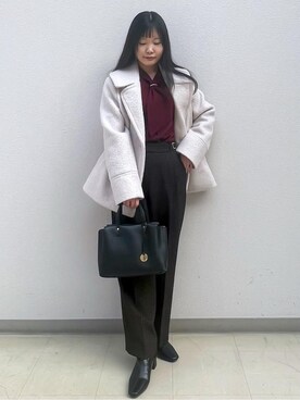 「index（インデックス）のブークレミドルコート【洗える】（ピーコート、ベージュ系）」を使った、Izuさん（レディース・155cm）の秋コーディネート
