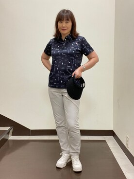 「adabat（アダバット）の【ADABAT NAVY】吸水速乾/UVカット　ロゴサマープリント半袖ポロシャツ（Tシャツ/カットソー、ブルー系）」を使った、SALTさん（レディース・164cm）の夏コーディネート