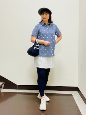 「adabat（アダバット）の【ADABAT NAVY】モノグラムサッカー半袖ポロシャツ（ポロシャツ、ホワイト系）」を使った、SALTさん（レディース・164cm）の夏コーディネート