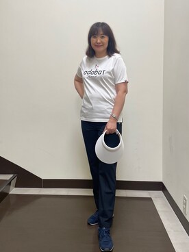 「adabat（アダバット）の【ADABAT NAVY】接触冷感/抗菌防臭/消臭　アイスクリアコットンロゴT（Tシャツ/カットソー、ホワイト系）」を使った、SALTさん（レディース・164cm）の夏コーディネート