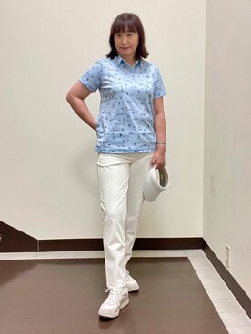 「adabat（アダバット）の【ADABAT NAVY】吸水速乾/UVカット　ロゴサマープリント半袖ポロシャツ（Tシャツ/カットソー、ブルー系）」を使った、SALTさん（レディース・164cm）の夏コーディネート