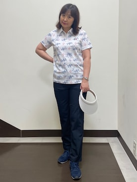 「adabat（アダバット）の【ADABAT NAVY】吸水速乾/UVカット　ロゴモノグラムプリント半袖ポロシャツ（ポロシャツ、ピンク系）」を使った、SALTさん（レディース・164cm）の夏コーディネート