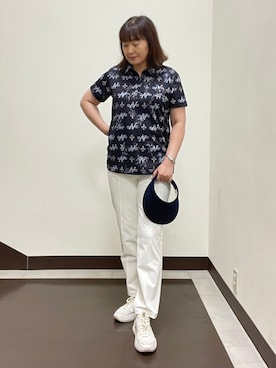 「adabat（アダバット）の【ADABAT NAVY】吸水速乾/UVカット　ロゴモノグラムプリント半袖ポロシャツ（ポロシャツ、ブルー系）」を使った、SALTさん（レディース・164cm）の夏コーディネート